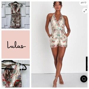 Lulus Cream Scarf Print Halter Romper Boho Satin Paisley Floral Womens Size S